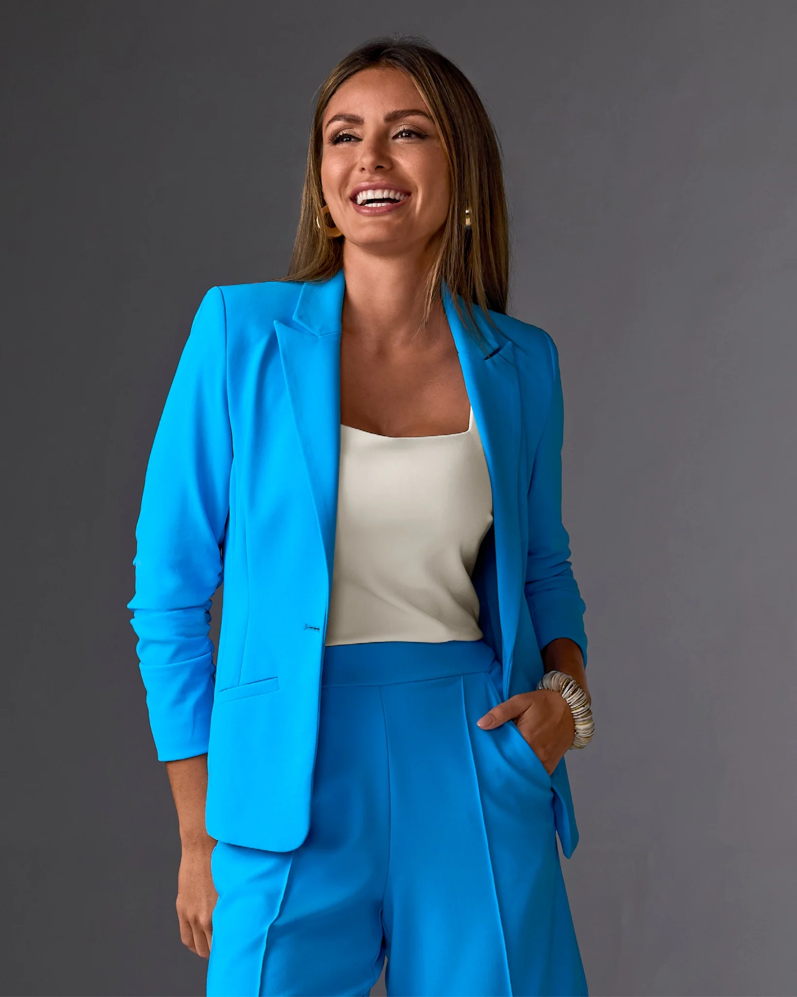 Beyond Travel Short Ruched Sleeve Blazer Malibu Blue - Futureuc