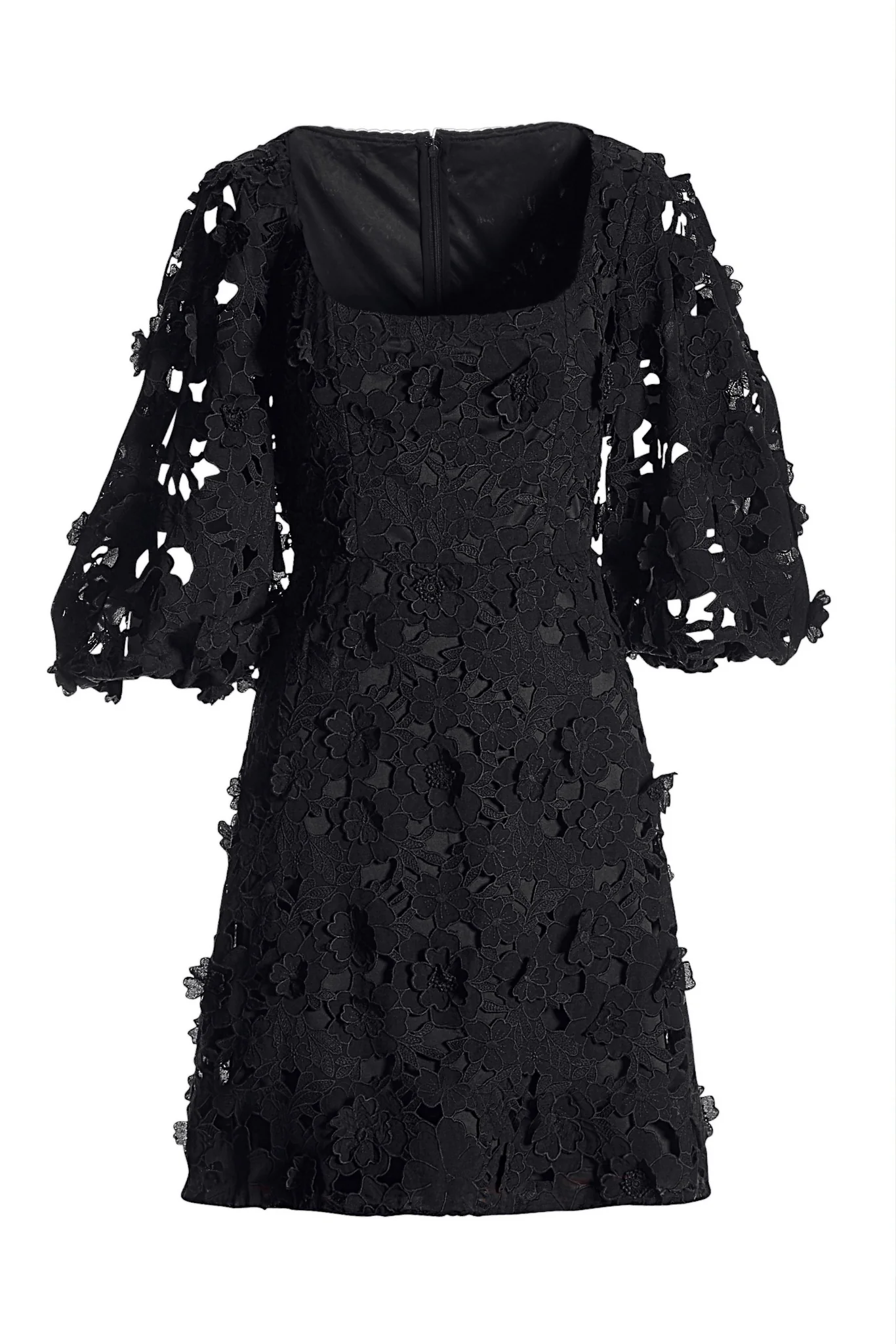 3D Lace Puff Sleeve Dress Black - Futureuc