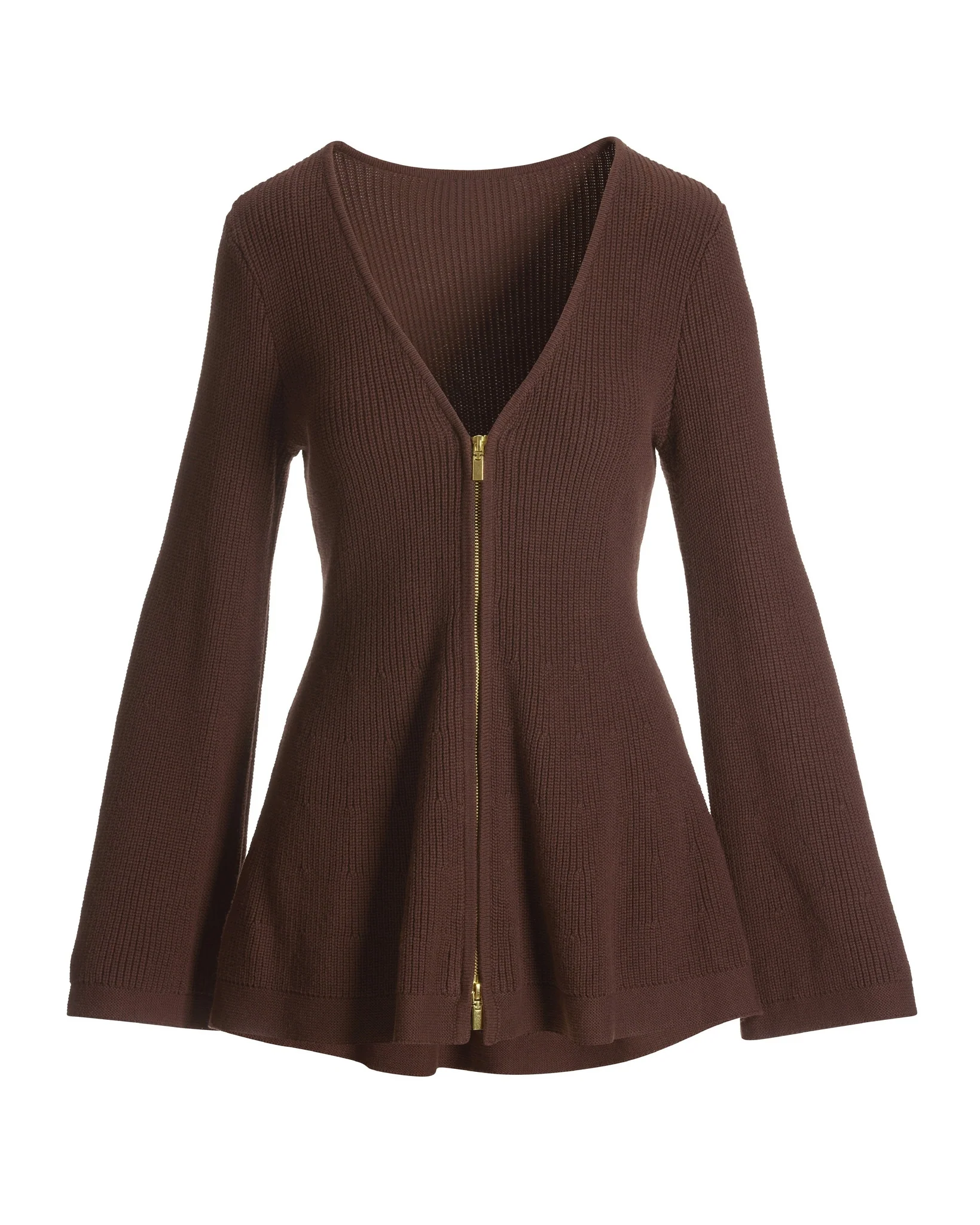 A Line Bell Sleeve Zip Up Cardigan Safari Brown - Futureuc