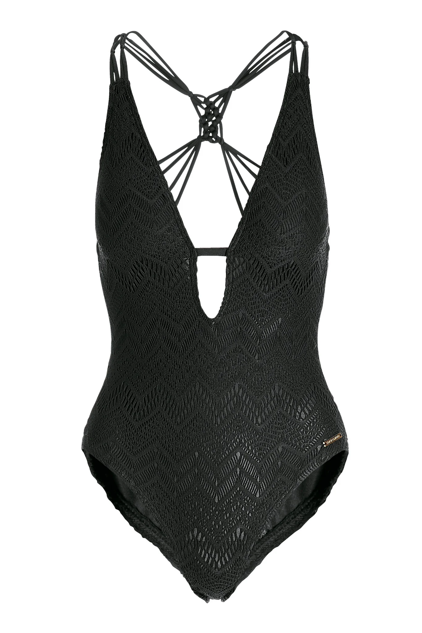 Allover Crochet Plunge One Piece Swimsuit Black - Futureuc