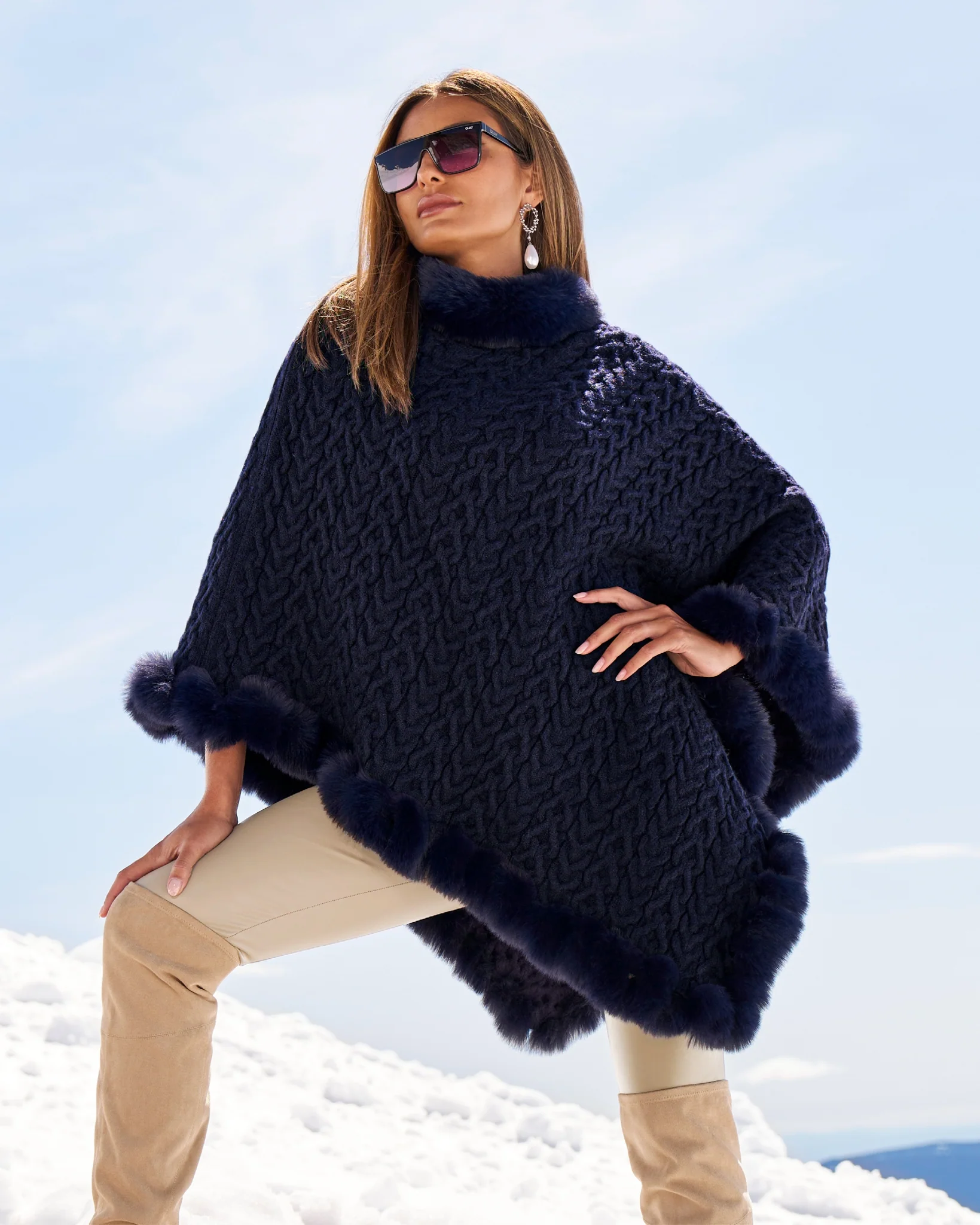 Cable Fur Trim Poncho Evening Blue - Futureuc