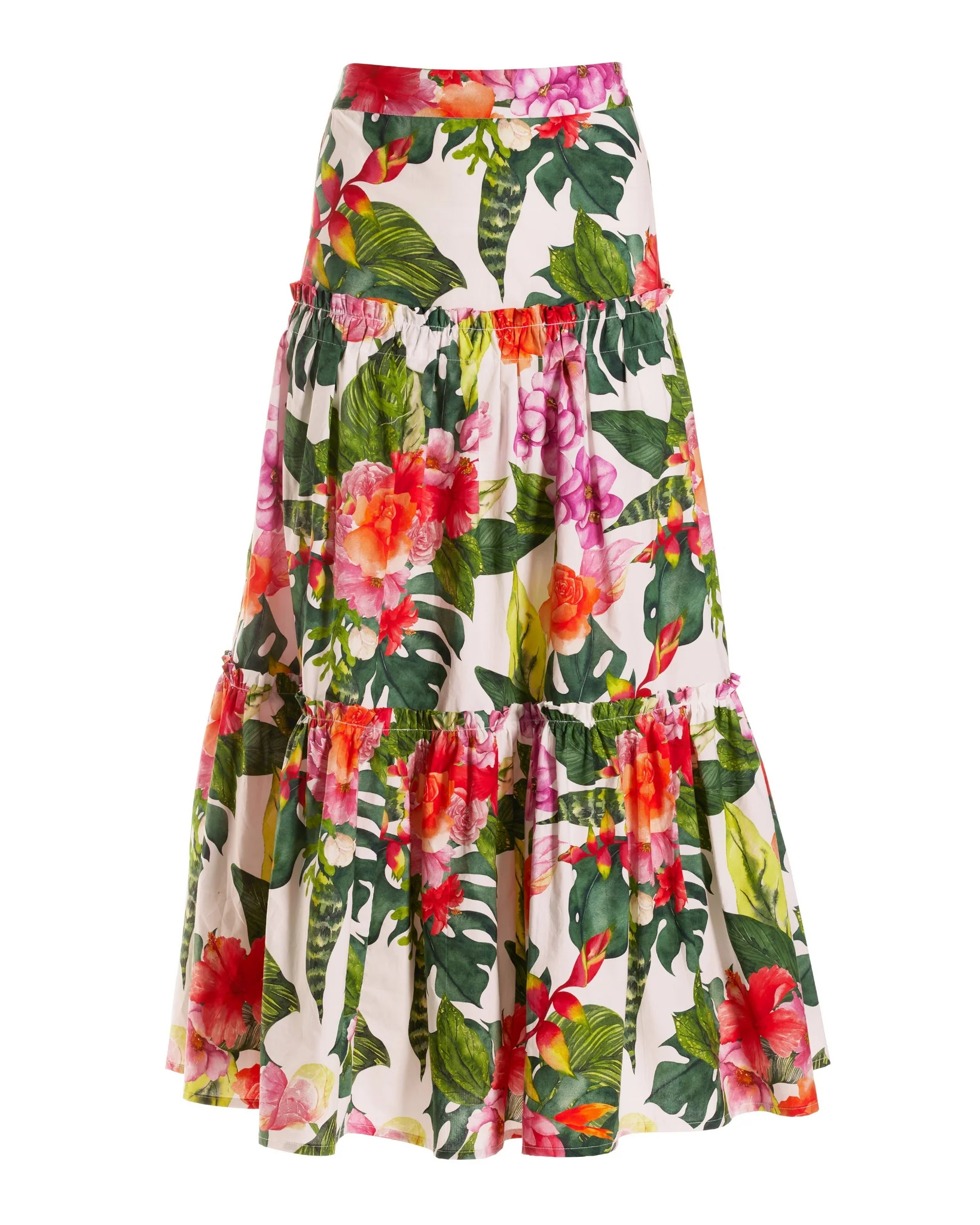 Tropical Oasis Tiered Poplin Midi Skirt Pink/Green - Futureuc