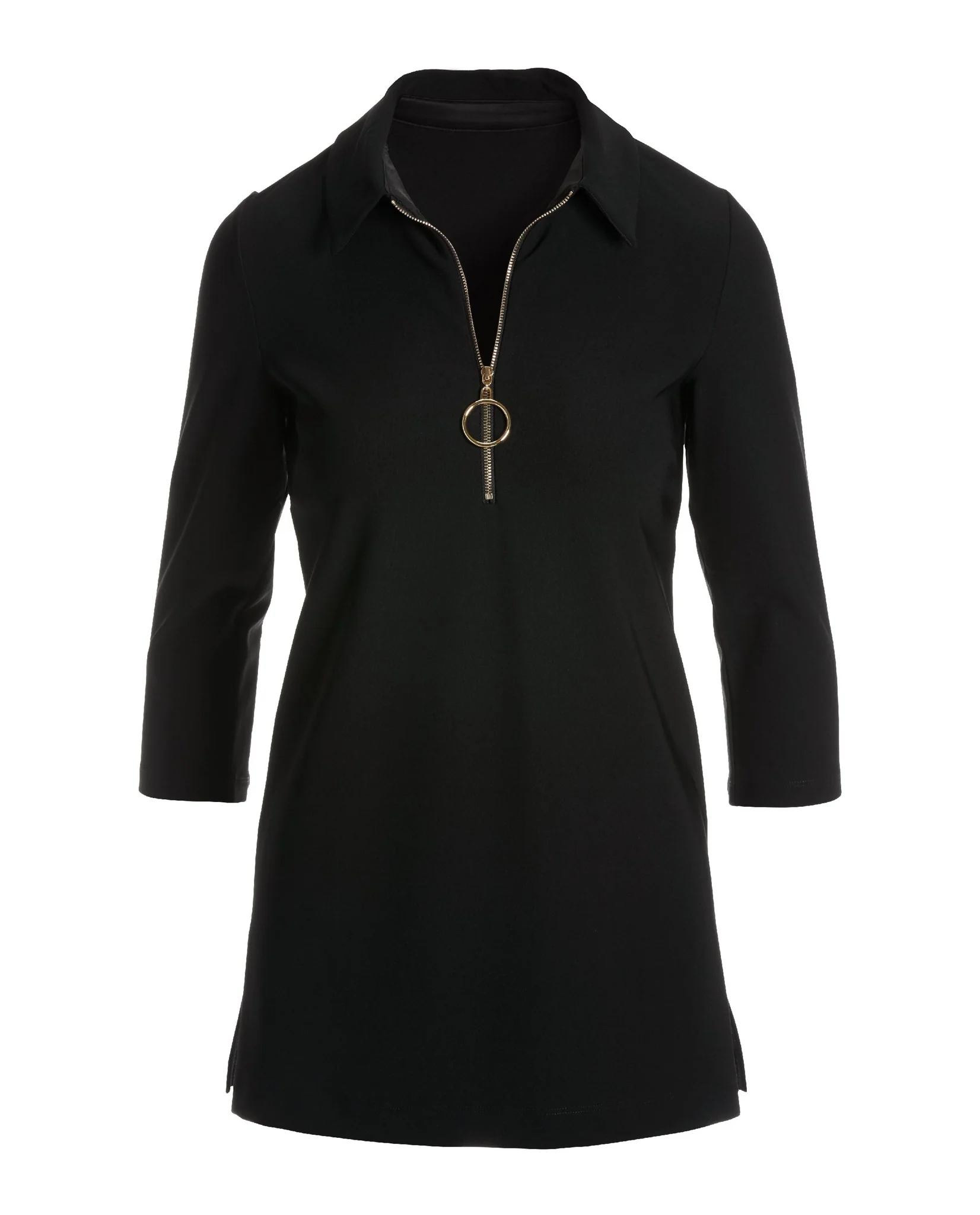 Beyond Travel Collared Ring Detail Zip Front Tunic Top Jet Black - Futureuc