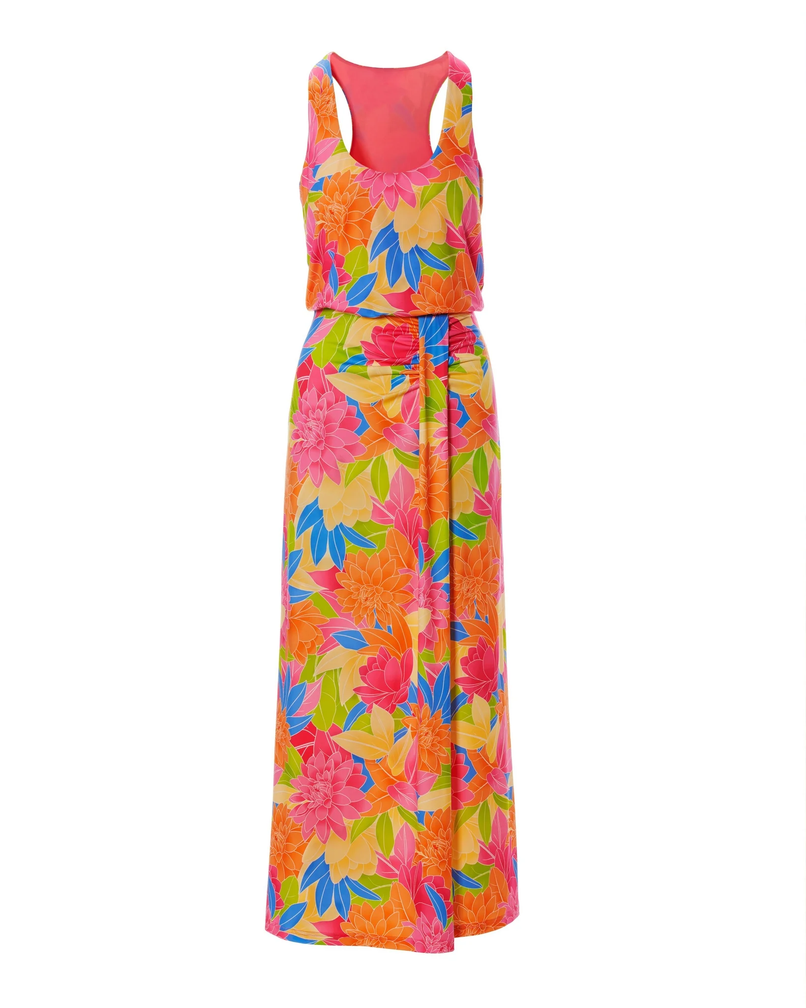 Bright Blooms Print Scoop Neck Blouson Ankle Length Dress Multi - Futureuc