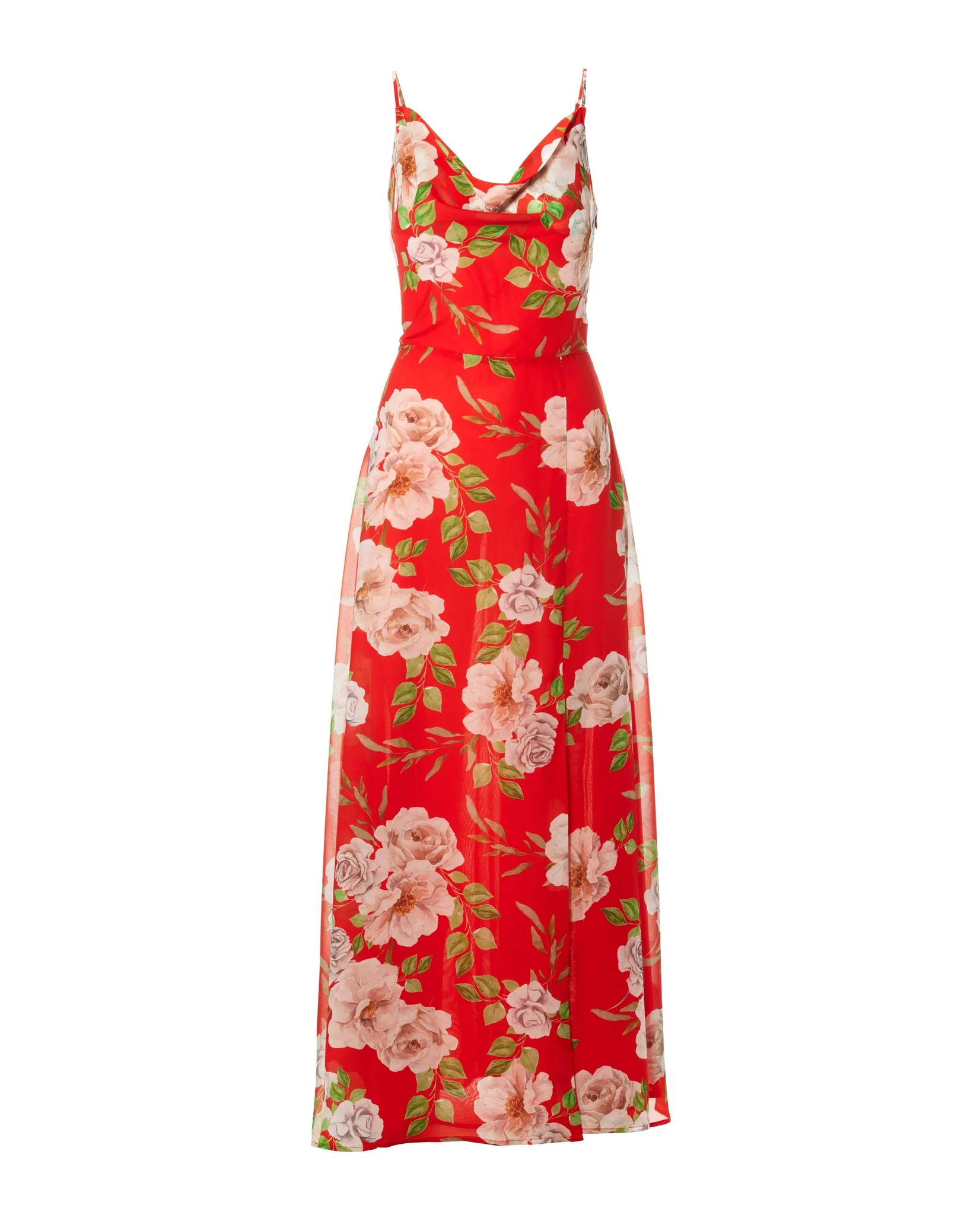 Caliente Floral Print Cowl Neck Slit Maxi Dress Orange/Red - Futureuc