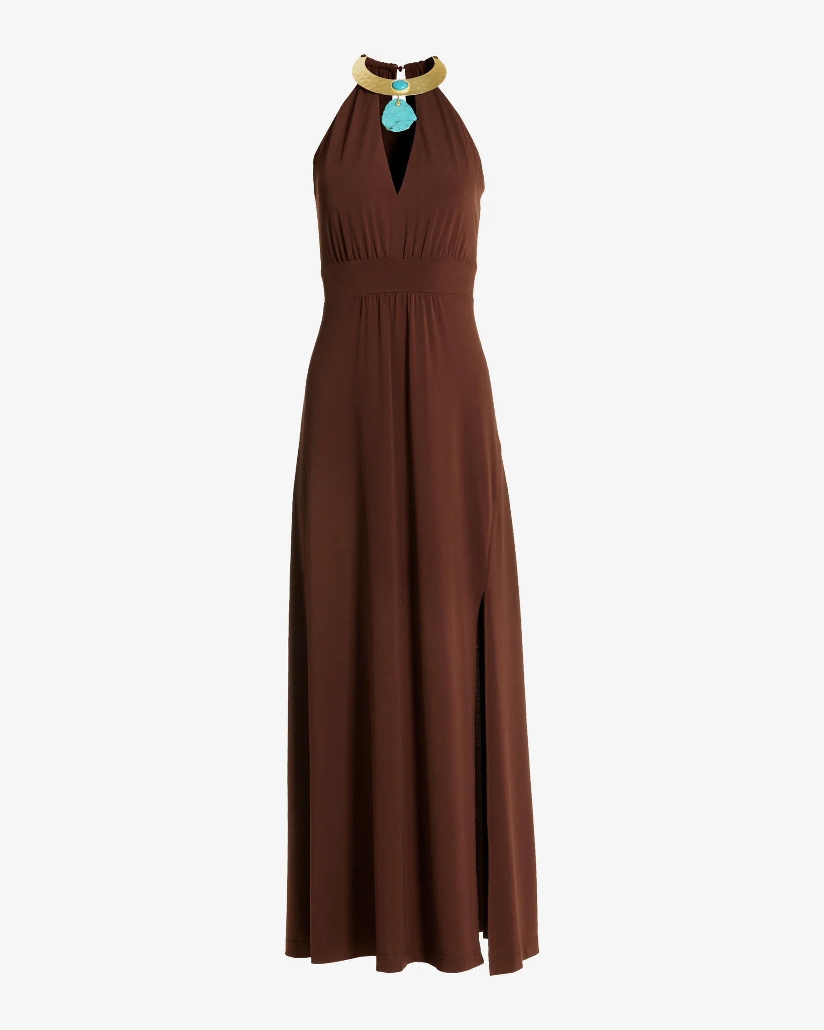Turquoise Hardware Halter Knit Maxi Boho Dress Chocolate - Futureuc