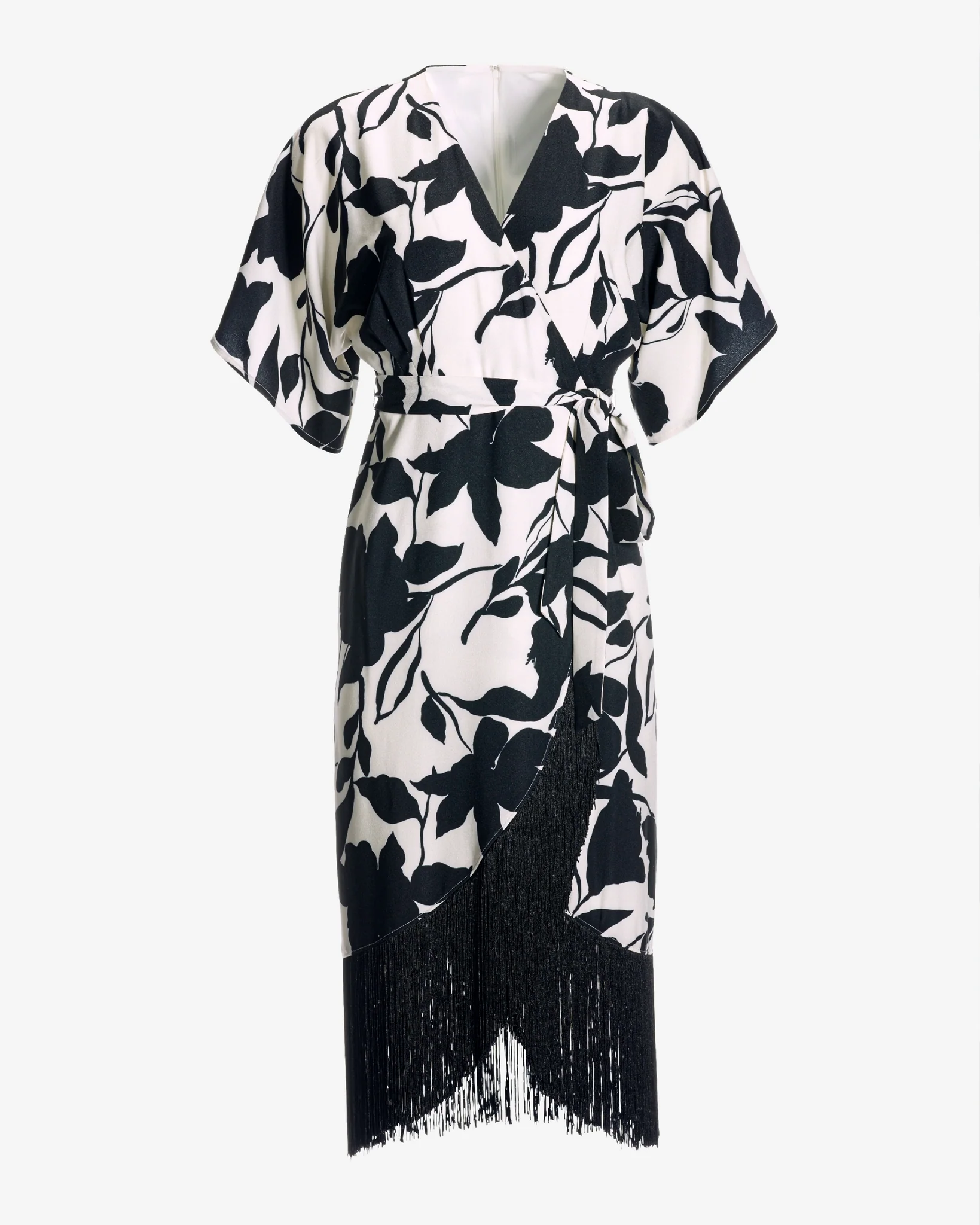 Cade Garden Fringe Wrap Knit Midi Dress Black/White - Futureuc