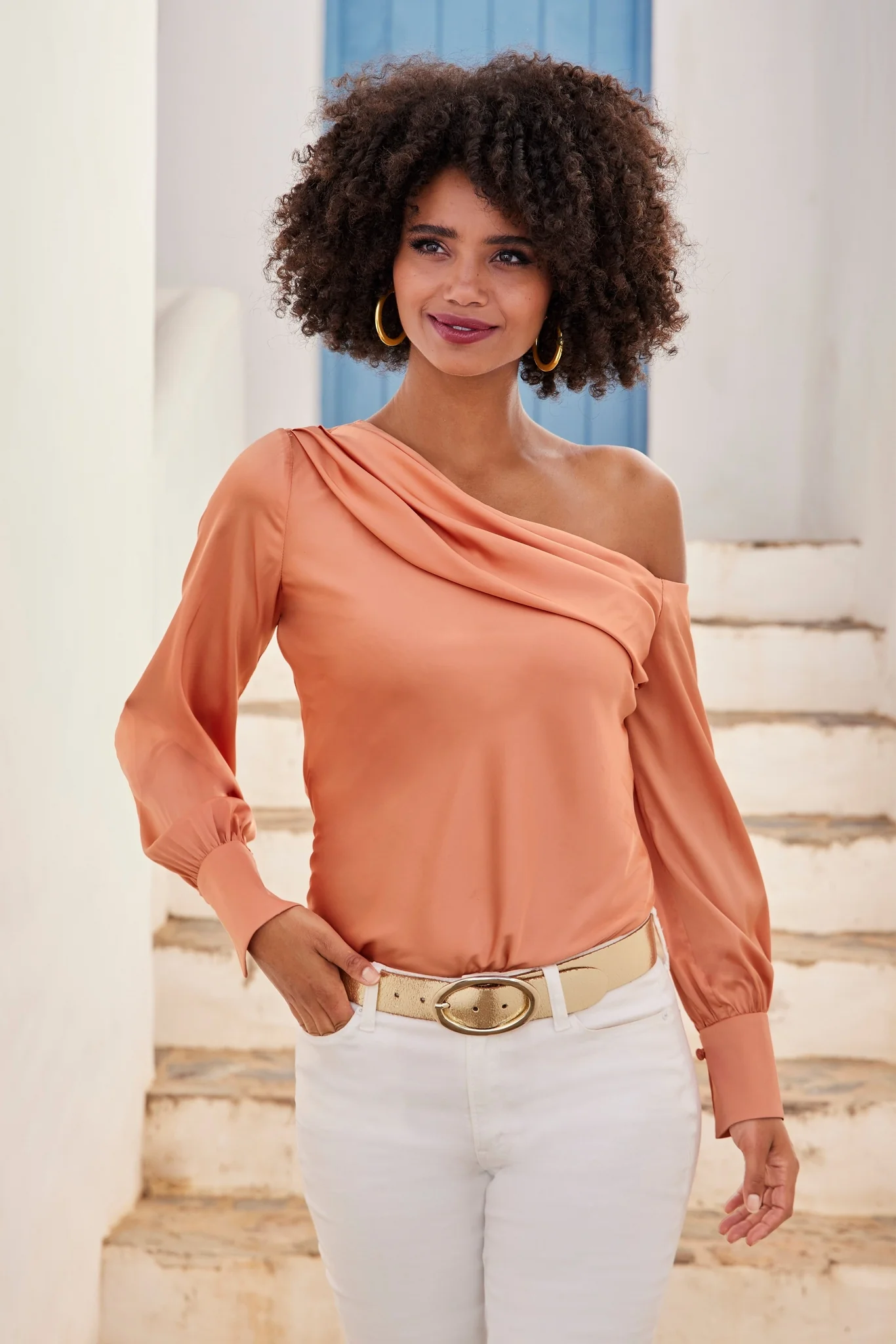 Amelia Shoulder Skimming Charmeuse Blouse Peach - Futureuc