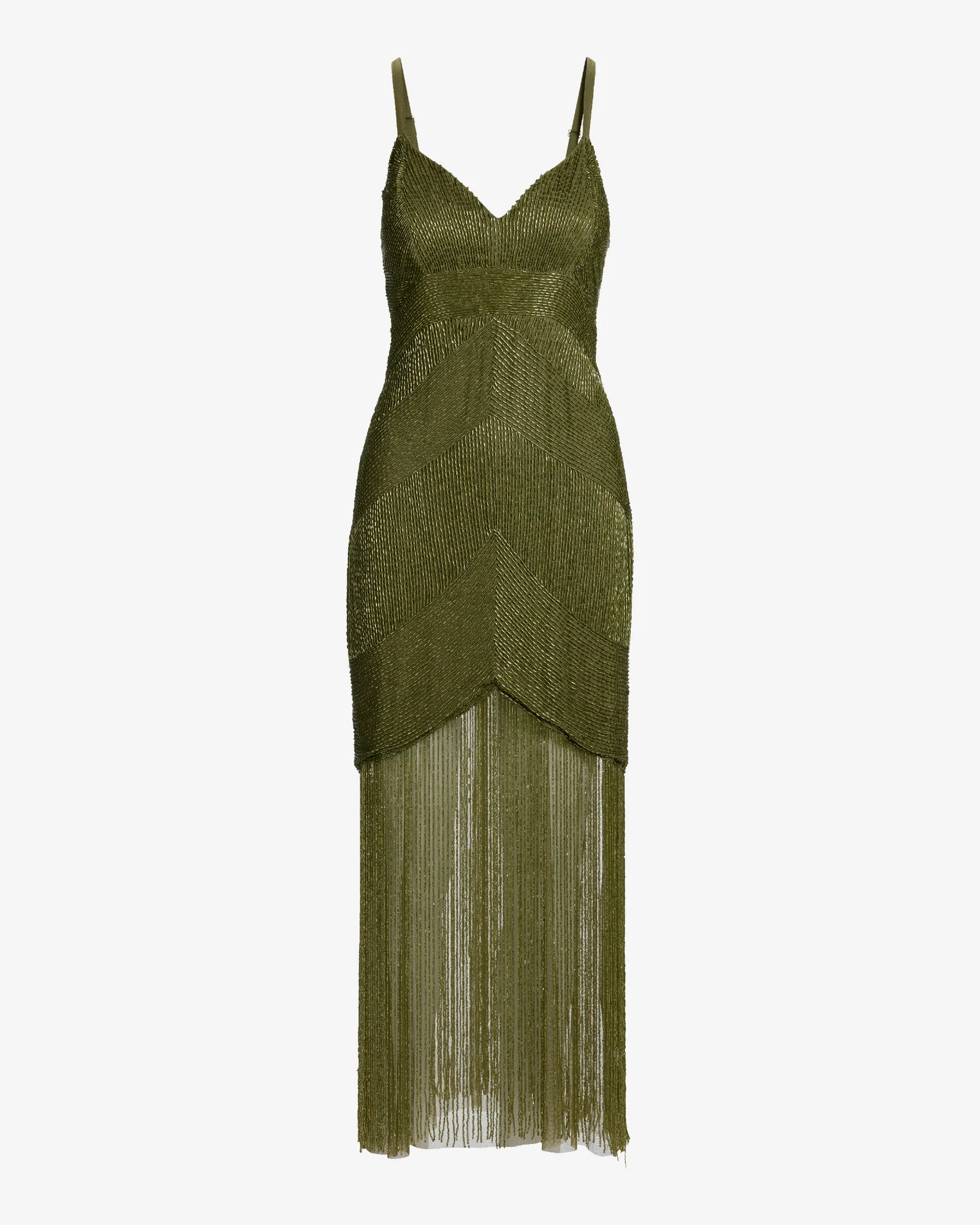 All Over Beaded Fringe Maxi Dress Olive - Futureuc