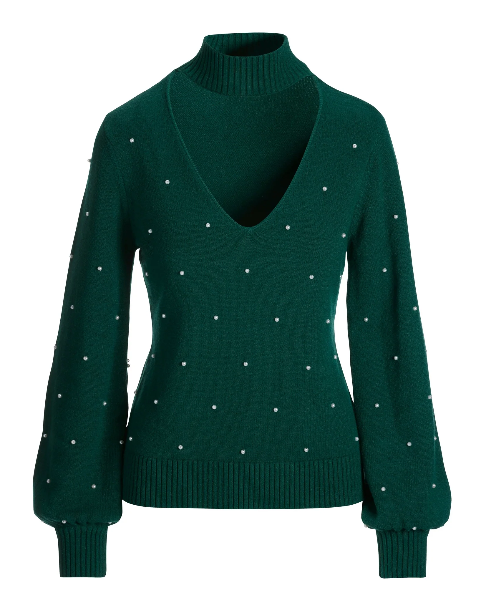 All Over Pearl Embellished Keyhole Sweater Deep Emerald - Futureuc