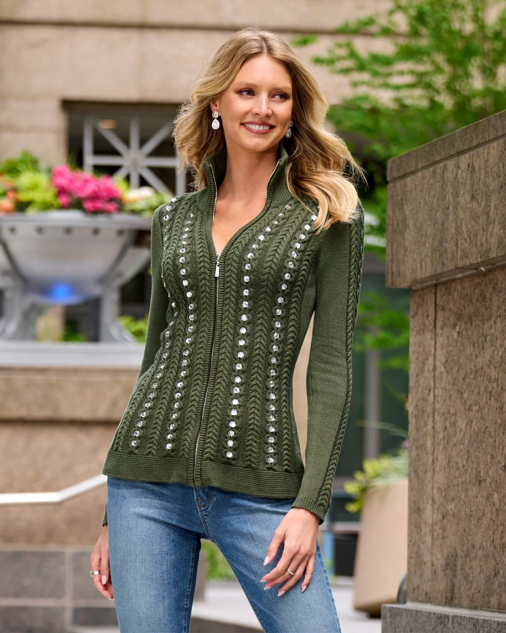 Turtleneck Zip Up Cable Embellished Cardigan Sweater Olive Night - Futureuc
