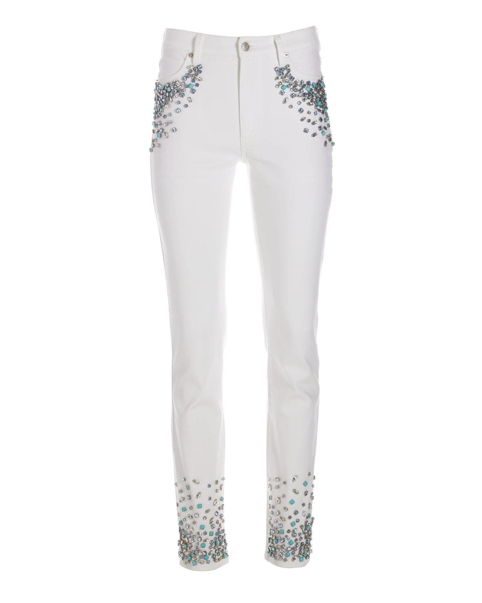Turquoise And Crystals Embellished Slim Jean White/Turquoise - Futureuc