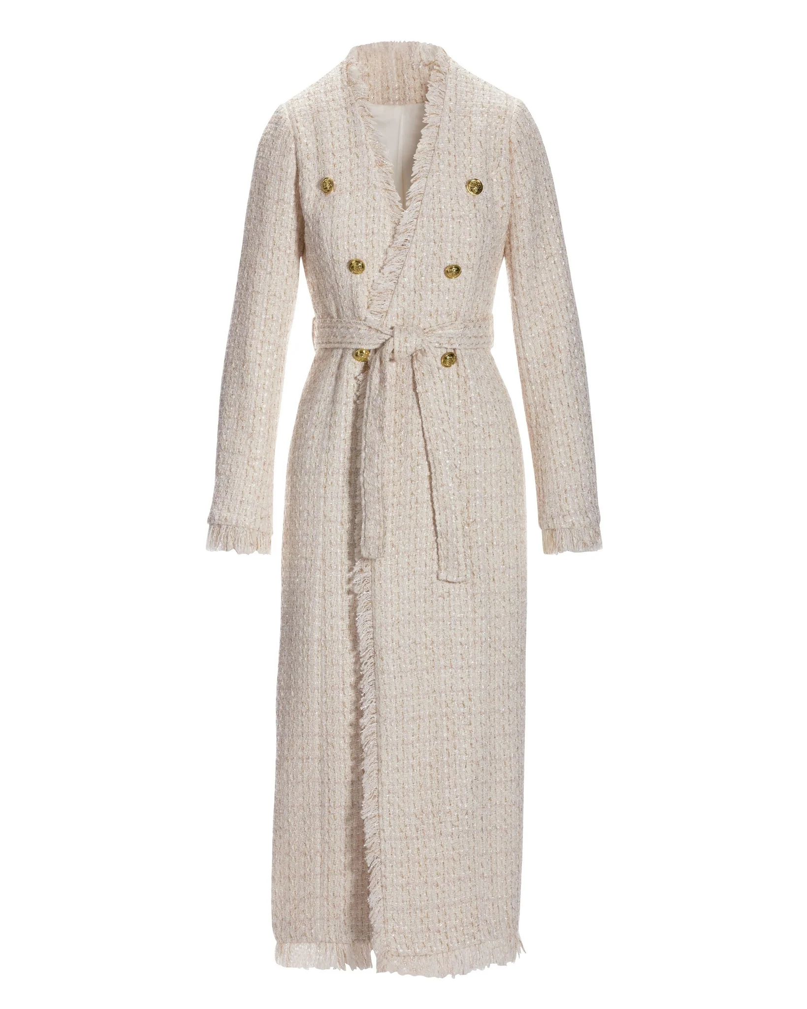 Tweed Metallic Tie Waist Duster Off White/Gold - Futureuc