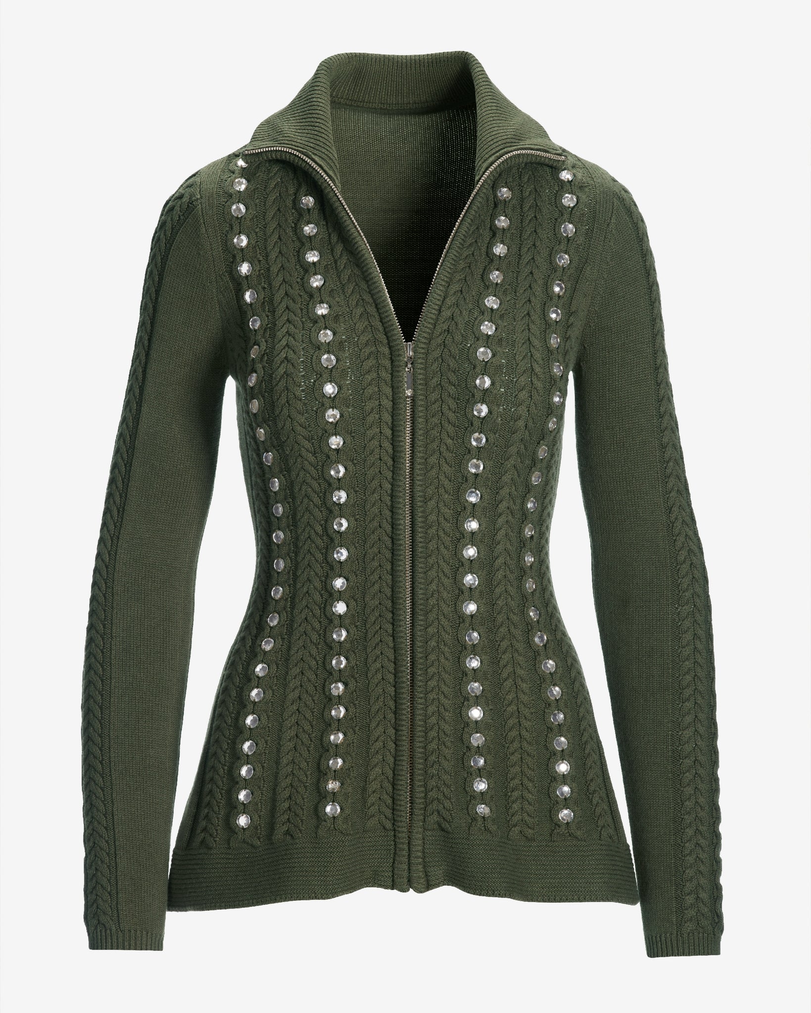 Turtleneck Zip Up Cable Embellished Cardigan Sweater Olive Night - Futureuc
