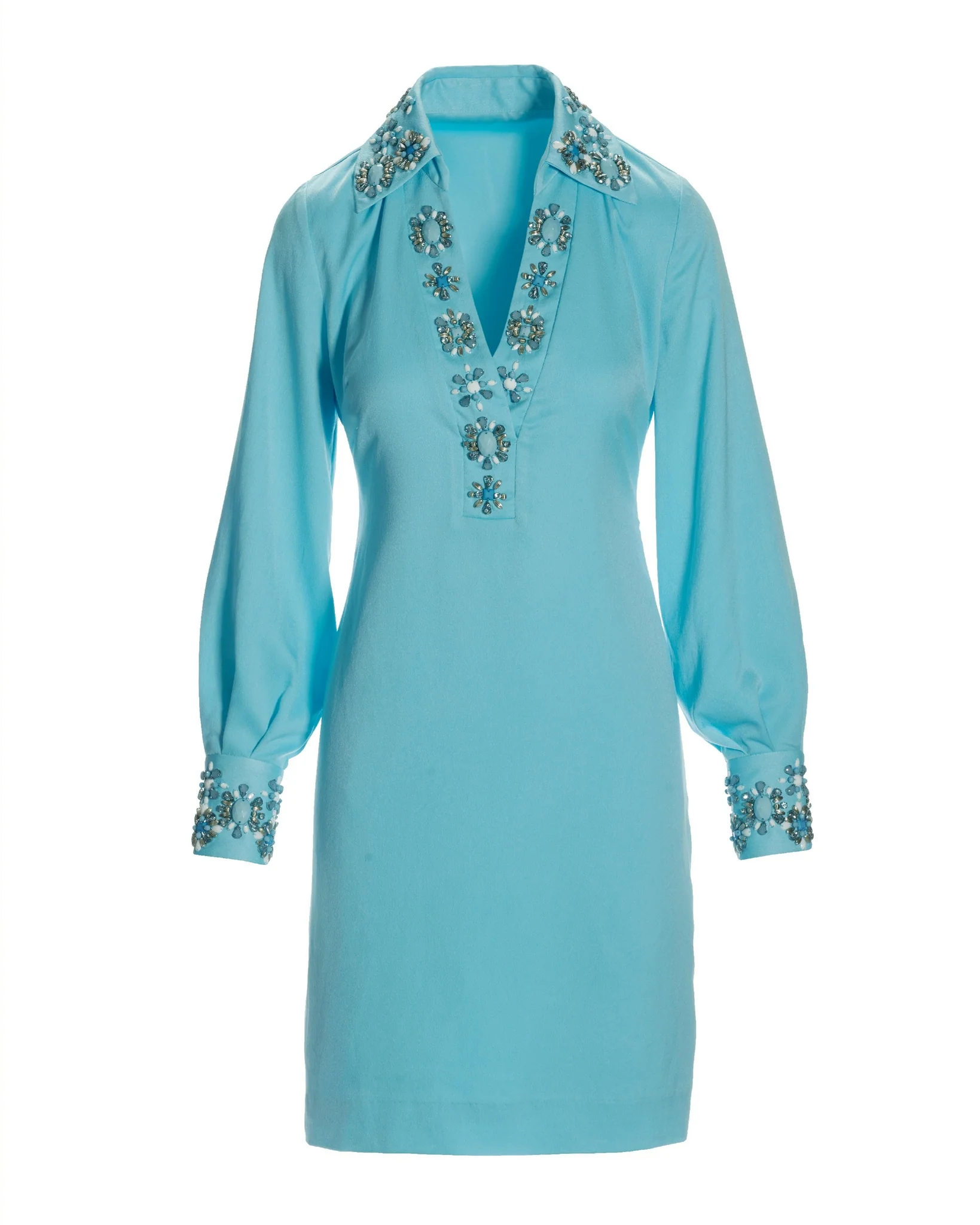 Beaded Embellished Trim Collared Tunic Dress Blue Topaz - Futureuc
