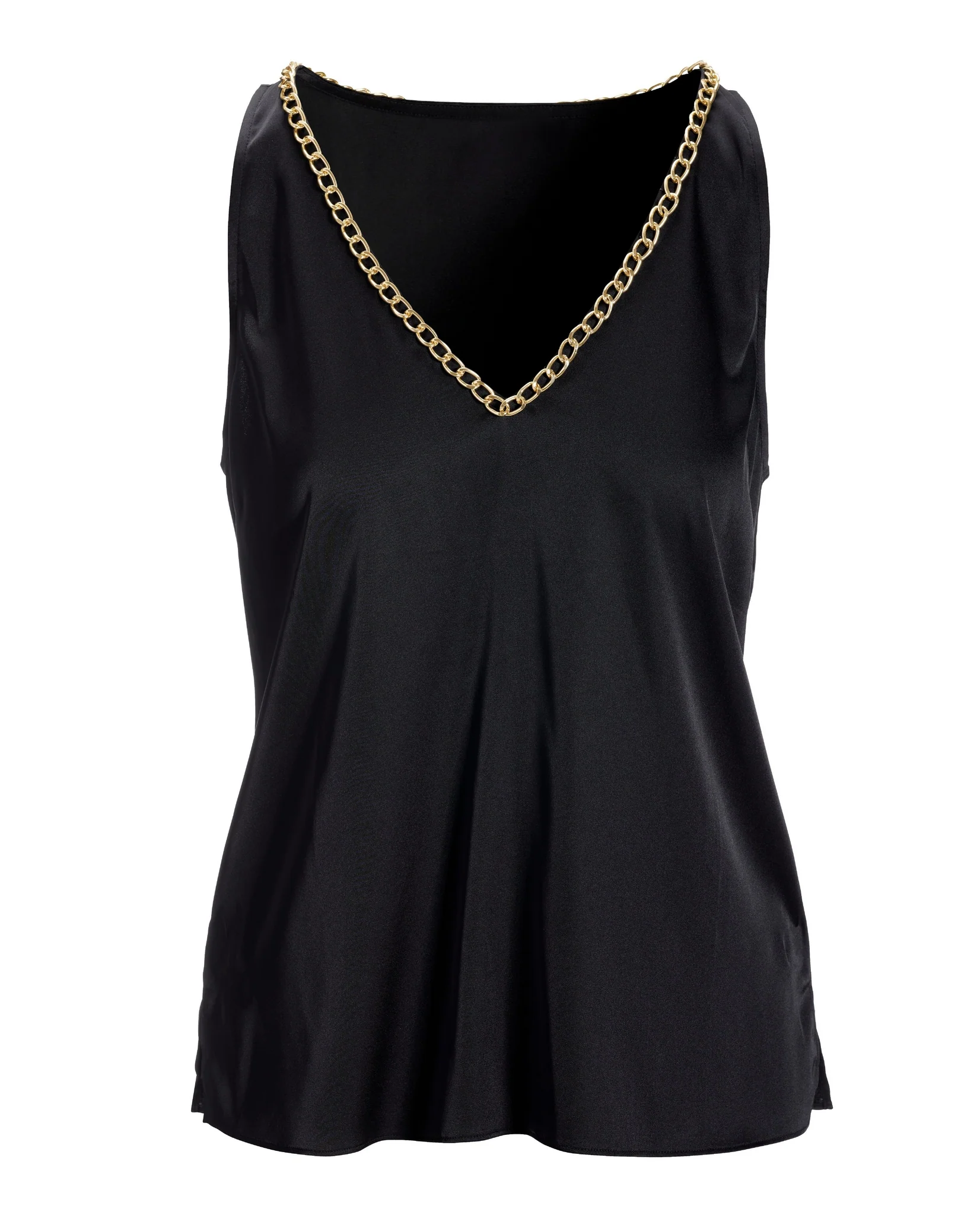 Chain Detail V Neck Charmeuse Blouse Black - Futureuc