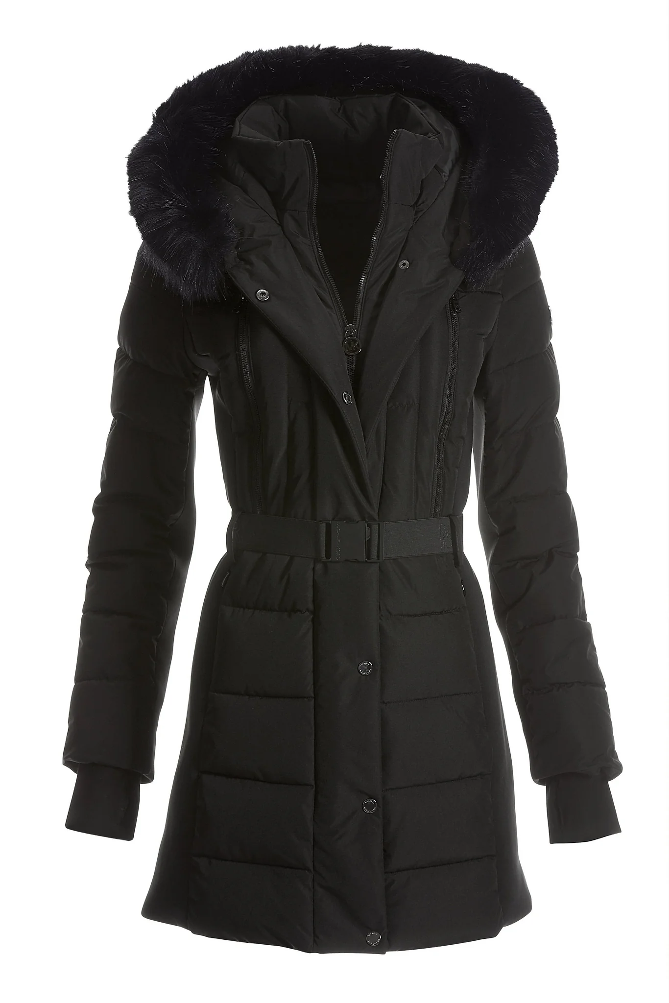 Belted Faux Fur Trim Puffer Jacket Black - Futureuc