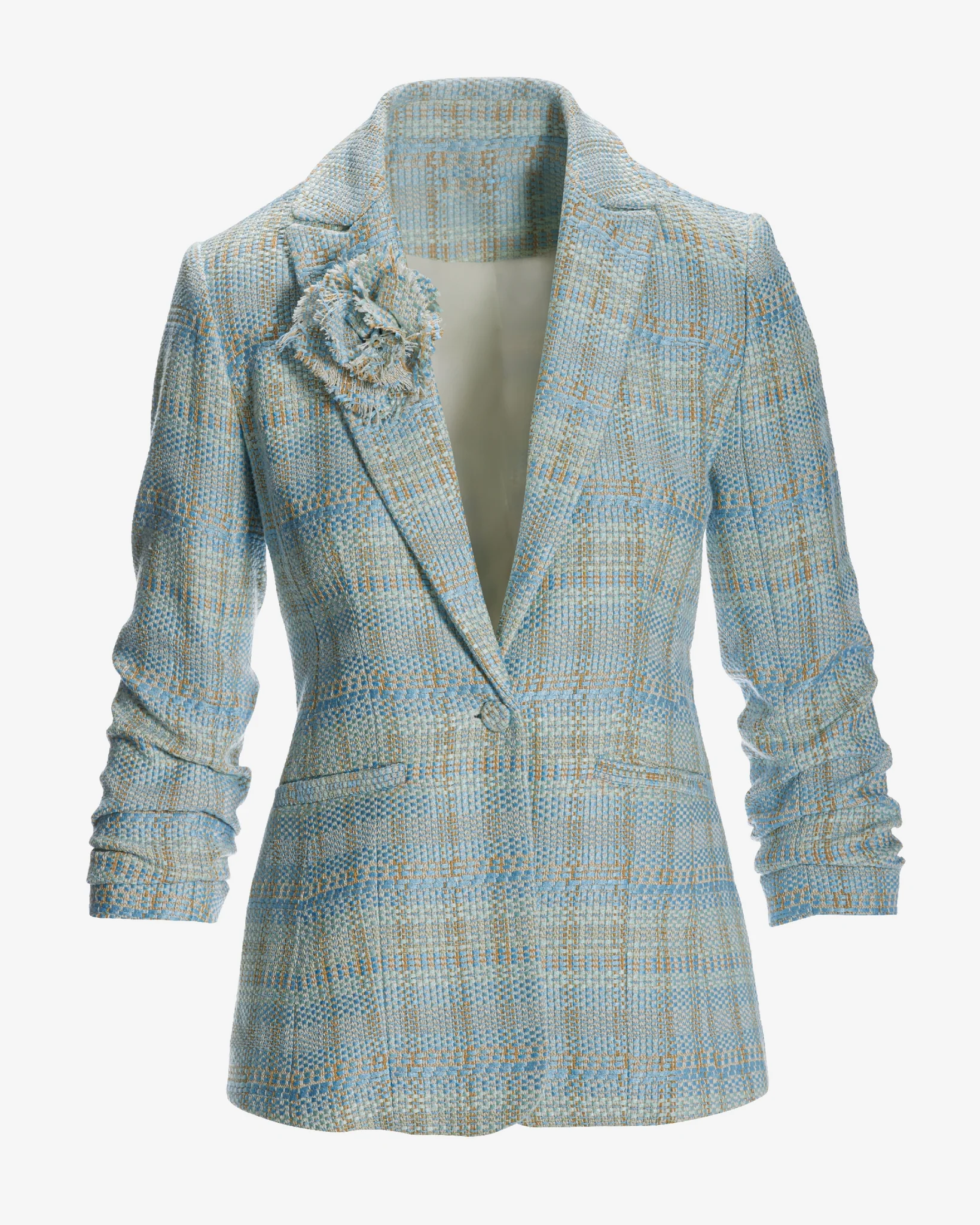 Tweed Ruched Sleeve Single Button Blazer Blue Multi - Futureuc