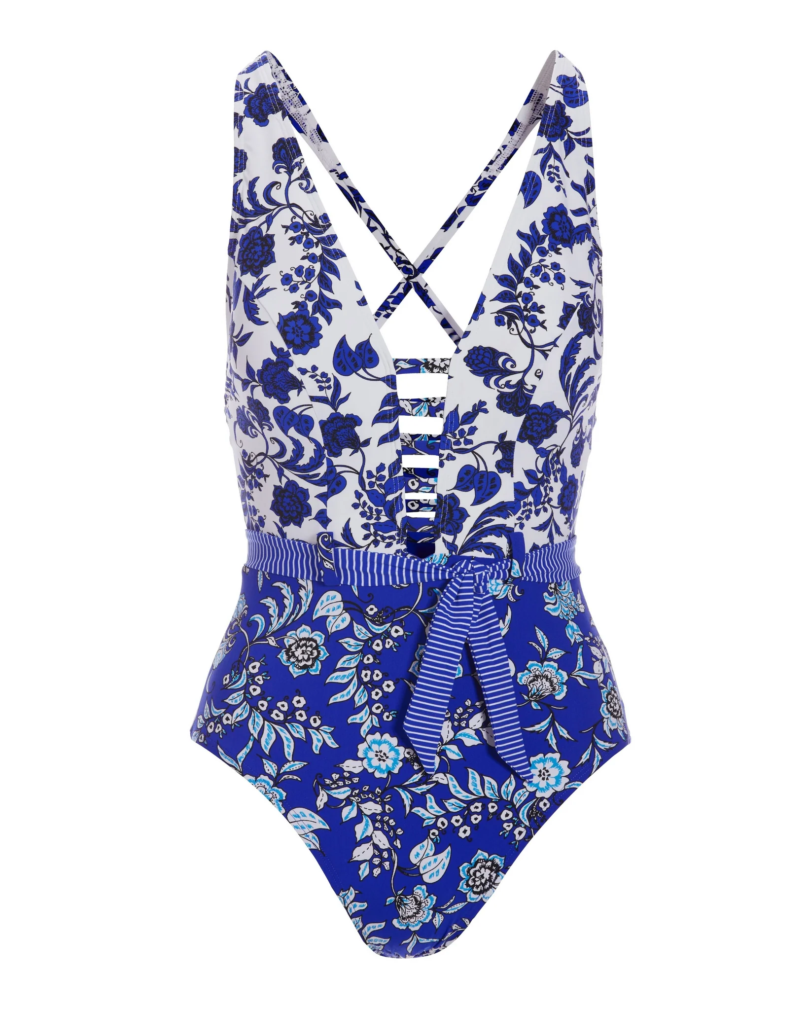 Blue Rosa Ladder Plunge One-Piece Swimsuit Blue/White - Futureuc