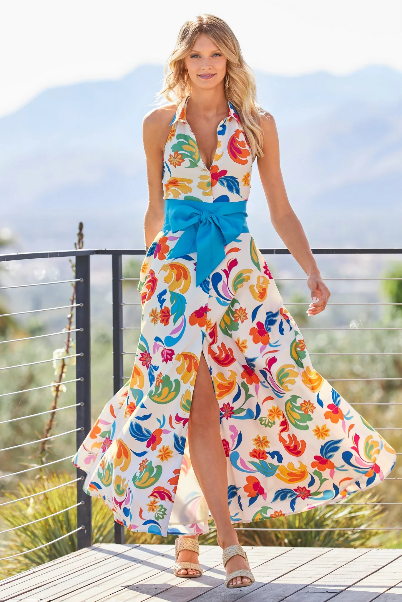 Bright Print Halter Belted Maxi Shirt Dress Multi - Futureuc