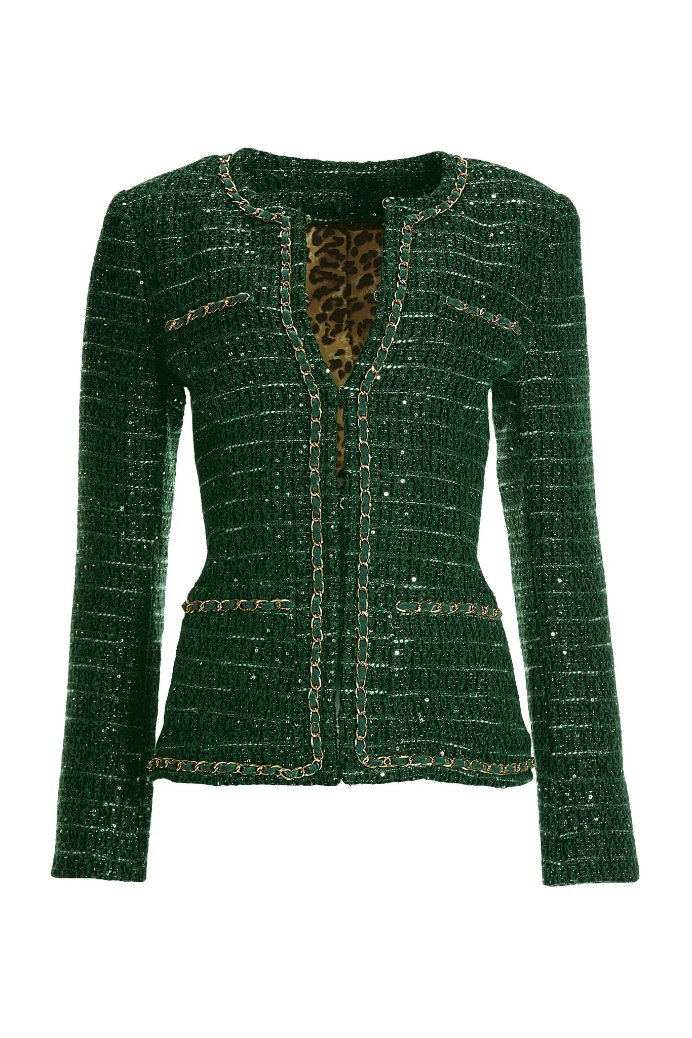 Chain Detail Tweed Jacket Green - Futureuc