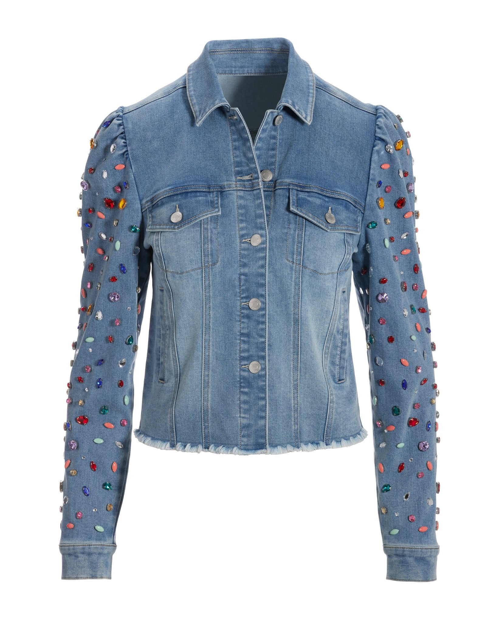Bright Crystal Embellished Puff-Sleeve Denim Jacket Light Wash - Futureuc