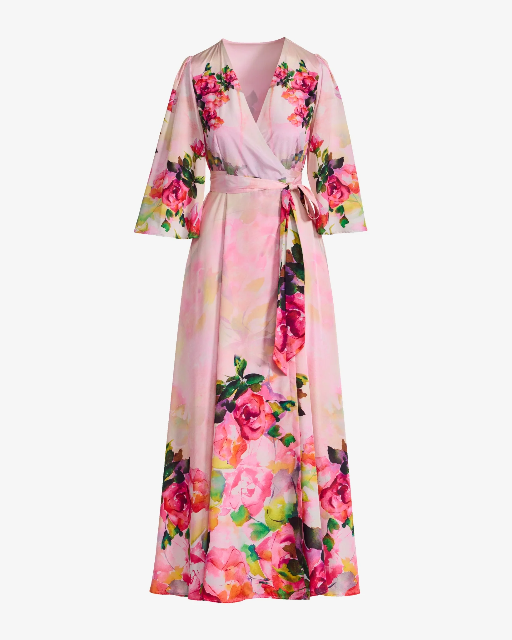 Watercolor Floral Print Wrap Maxi Dress Pink Multi - Futureuc