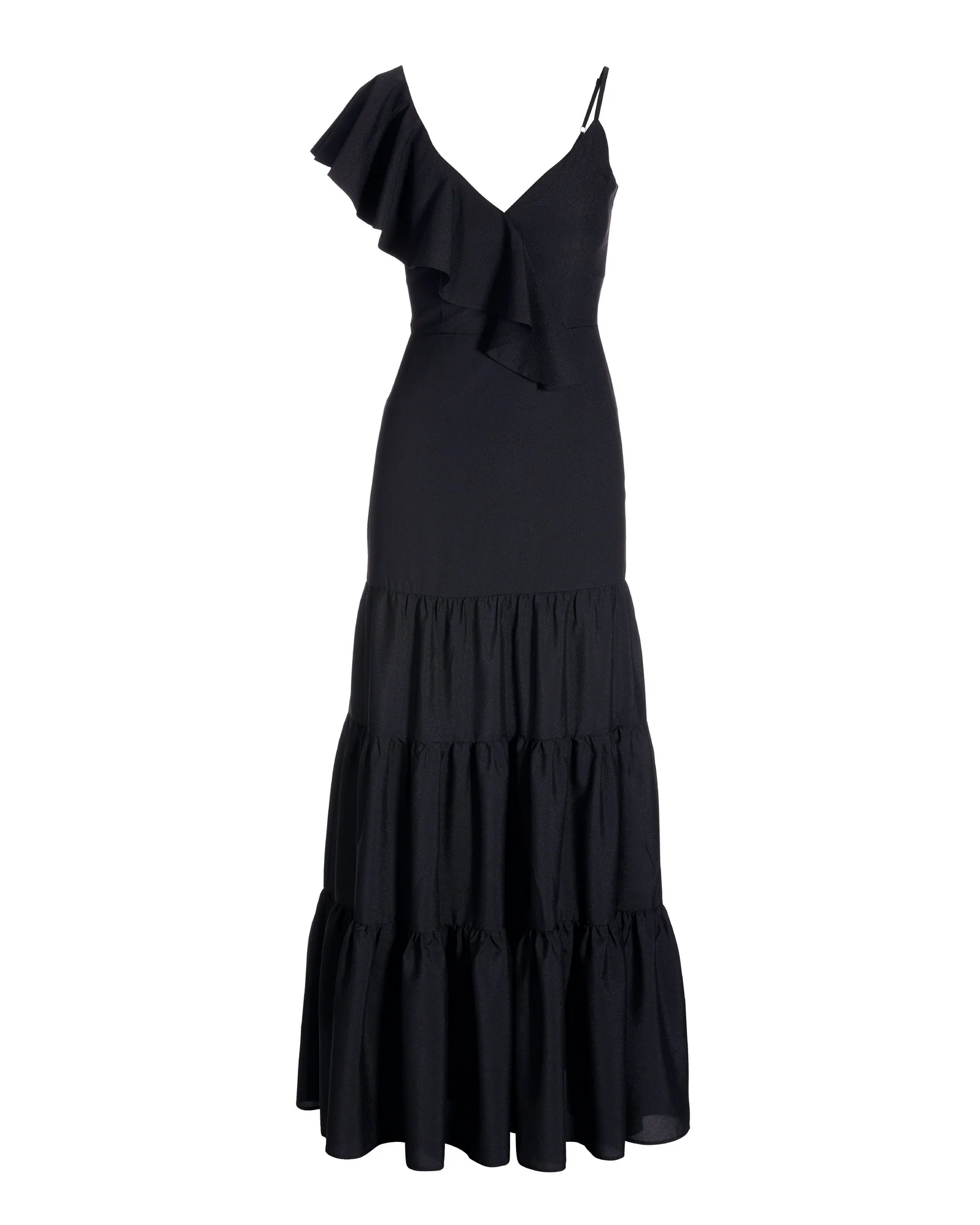 Asymmetrical Ruffle Tiered Maxi Dress Black - Futureuc